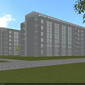 Modern School Building Architecture With Green Lawn Trees Blue Sky And White Clouds