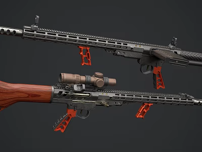 Modern Rifles With Wooden Stock Mounted Scope Red Components And Black Body 3d model