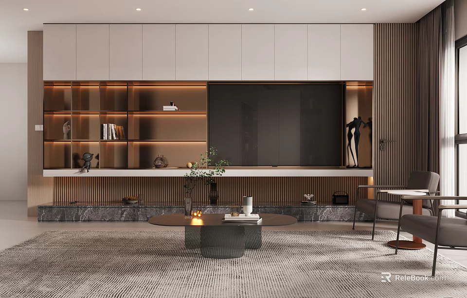 Modern Living Room Interior With Light-colored Cabinets Built-in TV LED Strip Lights And Coffee Table 3d model 