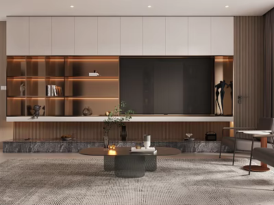 Modern Living Room Interior With Light-colored Cabinets Built-in TV LED Strip Lights And Coffee Table 3d model