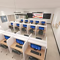 School Computer Classroom Featuring Rows of Computers Partitioned Desks and Wall Blackboard 3d model