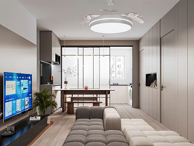 Modern Living and Dining Room with Gray Sofa TV Dining Table Floor to Ceiling Window 3d model