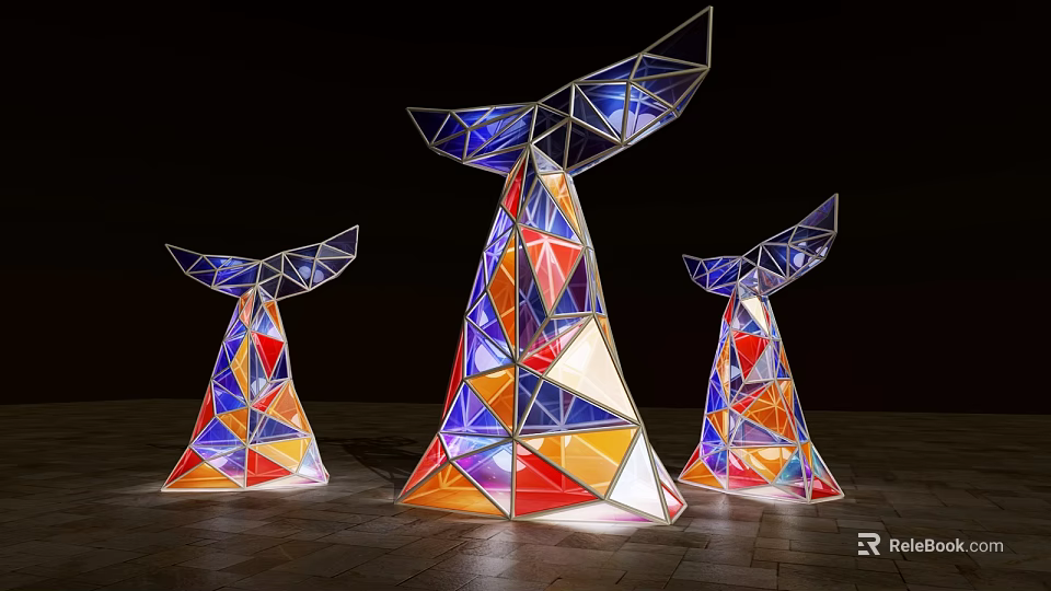 Three Colorful Geometric Sculptures With Triangular Polygonal Structures And Illuminated Design 3d model 