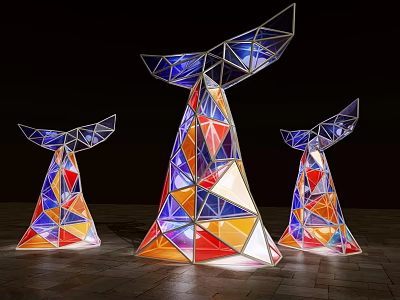 Three Colorful Geometric Sculptures With Triangular Polygonal Structures And Illuminated Design 3d model