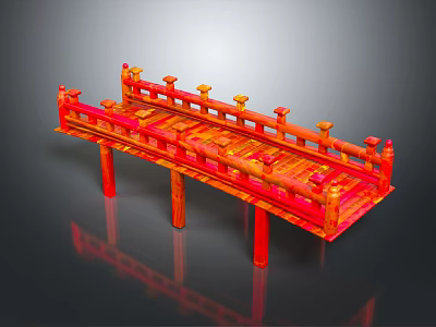 Traditional Red Bridge Structure With Ornate Railings Carved Pillars And Reflective Base 3d model