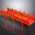 Traditional Red Bridge Structure With Ornate Railings Carved Pillars And Reflective Base