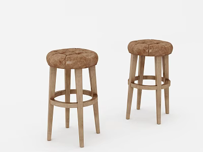 Stylish Brown Upholstered Bar Stools With Wooden Legs And Stitched Design 3d model