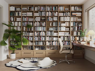 Cozy Study Room With Wall to Wall Bookshelves Wooden Desk Office Chair and Potted Plant 3d model