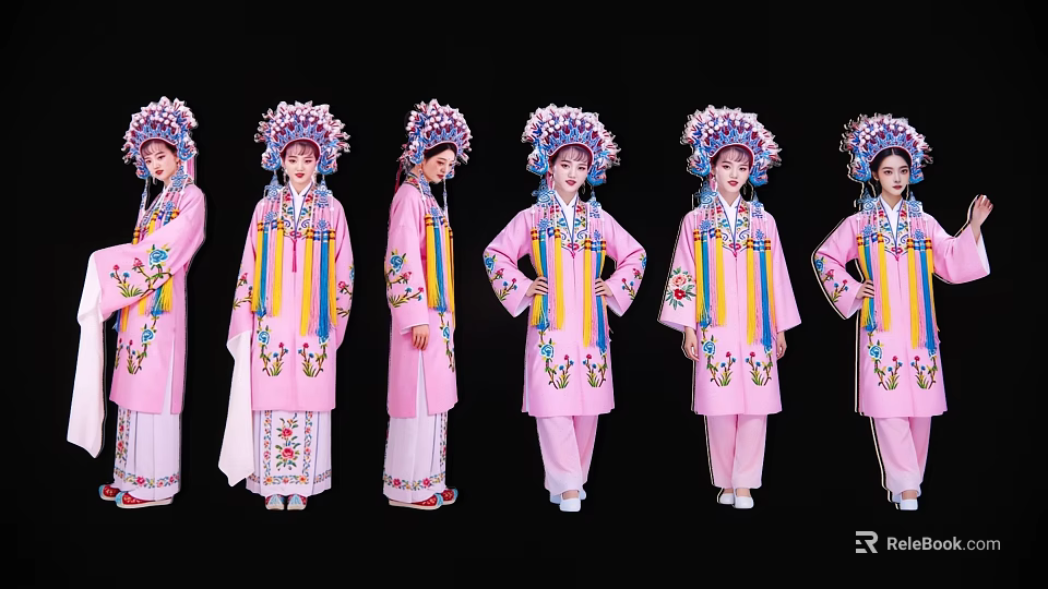 Group of Women in Traditional Pink Costumes with Intricate Headdresses and Embroidered Details 3d model 