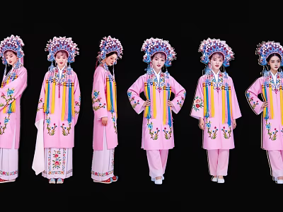 Group of Women in Traditional Pink Costumes with Intricate Headdresses and Embroidered Details 3d model