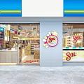 Bright Supermarket Department Store Interior With Sol Logo Checkout Counter And Product Shelves