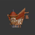 Cartoon Style House Scene With Wooden Structure Red Pointed Roof Small Windows And Weather Vane