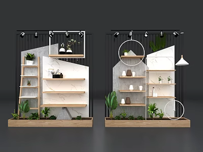 Modern Display Shelf Design With Geometric Racks Green Plants And Decor Items 3d model