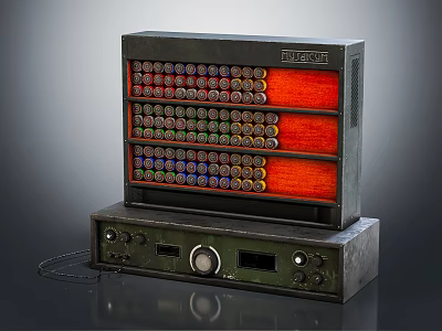 Vintage Electronic Console With Colorful Buttons Wooden Panel Red Accent And Control Knobs 3d model