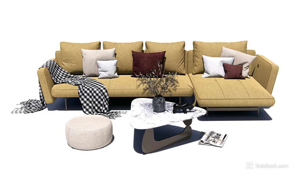 Yellow L Shaped Sofa with Pillows Coffee Table Set Featuring Marble Top and Decorative Vase 3d model