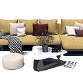 Yellow L Shaped Sofa with Pillows Coffee Table Set Featuring Marble Top and Decorative Vase 3d model