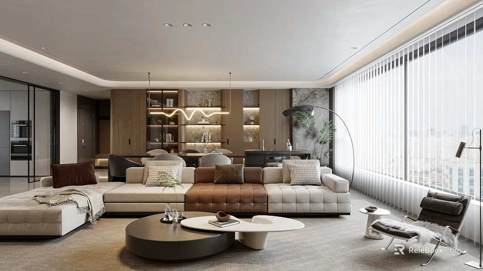 Modern Living And Dining Room Interior With Sectional Sofa Round Coffee Tables And Hanging Chandelier 3d model 