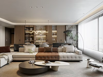 Modern Living And Dining Room Interior With Sectional Sofa Round Coffee Tables And Hanging Chandelier 3d model