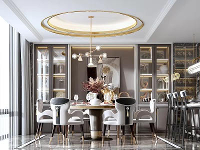 Elegant Modern Restaurant Interior With Round Chandelier Marble Dining Table Luxury Chairs And Wine Cabinets 3d model