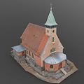 Rural Church Building With Orange Walls Red Tiled Roof Green Steeple And Arched Windows