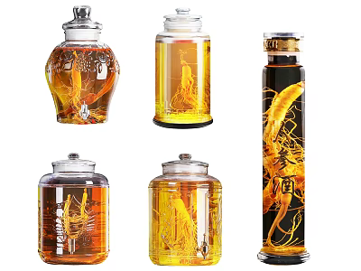 Clear Glass Wine Bottles and Drinking Glasses with Amber Herbal Infused Liquid 3d model