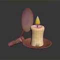 Decorative Lit Candle With Metal Spoon Wooden Handle On Metal Tray