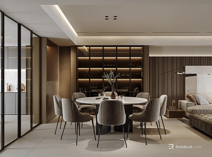 Modern Restaurant Interior With Round Dining Table Gray Chairs Wine Rack And Pendant Lighting 3d model 