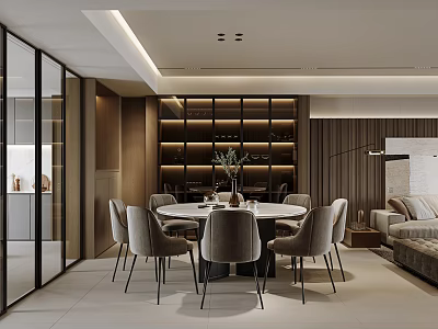 Modern Restaurant Interior With Round Dining Table Gray Chairs Wine Rack And Pendant Lighting 3d model