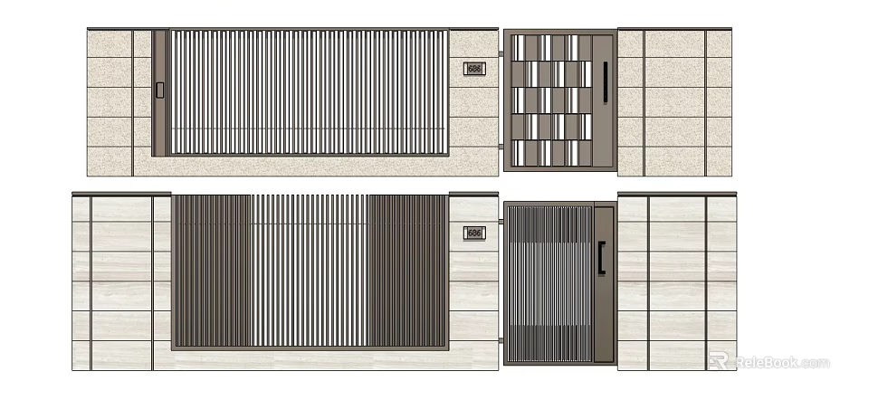 Modern Entrance Gate Designs With Vertical Slats And Geometric Patterns Against Stone Wall Background 3d model 
