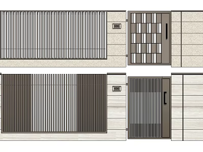 Modern Entrance Gate Designs With Vertical Slats And Geometric Patterns Against Stone Wall Background 3d model