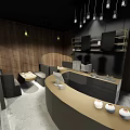 Cozy Cafe Interior Design With Arched Entrance Wooden Counter And Tables