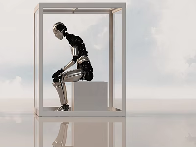 Intelligent Robot Sitting in Transparent Box Against Sky and Clouds Background 3d model