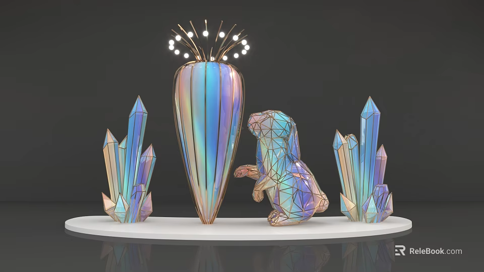 Ornate Iridescent Vase With Polygonal Animal Statue And Crystal Decorations On White Base 3d model 