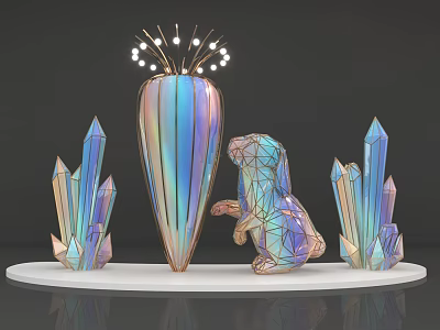 Ornate Iridescent Vase With Polygonal Animal Statue And Crystal Decorations On White Base 3d model