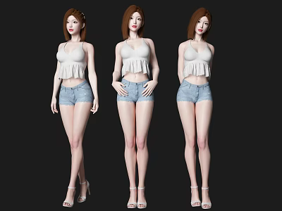 Three Female Characters In White Tank Tops And Denim Shorts Standing Against Black Background 3d model