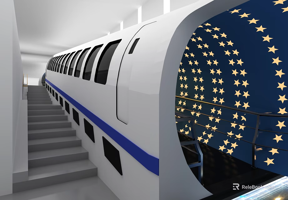 White Train With Blue Stripe Multiple Windows In Station With Blue Starry Wall And Stairs 3d model 