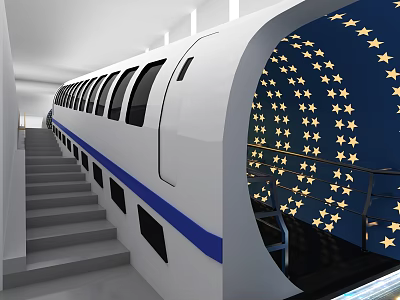 White Train With Blue Stripe Multiple Windows In Station With Blue Starry Wall And Stairs 3d model