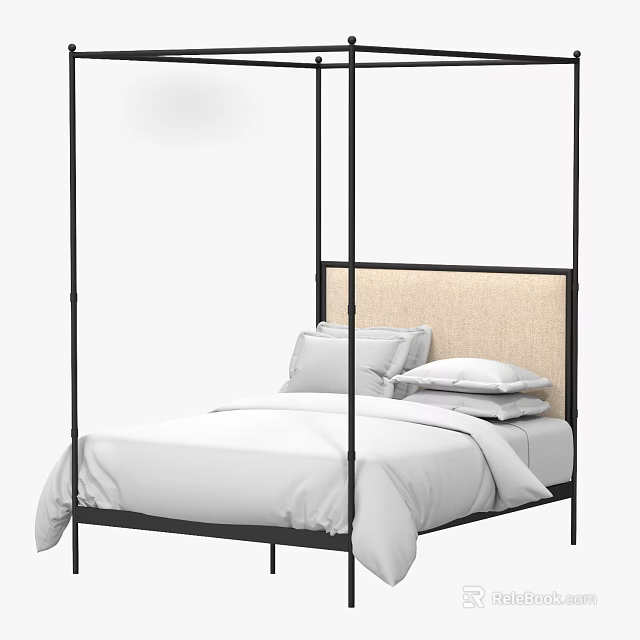 Modern Four Poster Double Bed with Black Metal Frame Beige Headboard and White Bedding 3d model 