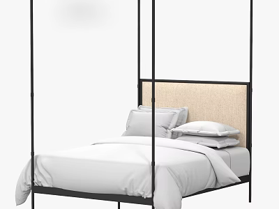 Modern Four Poster Double Bed with Black Metal Frame Beige Headboard and White Bedding 3d model