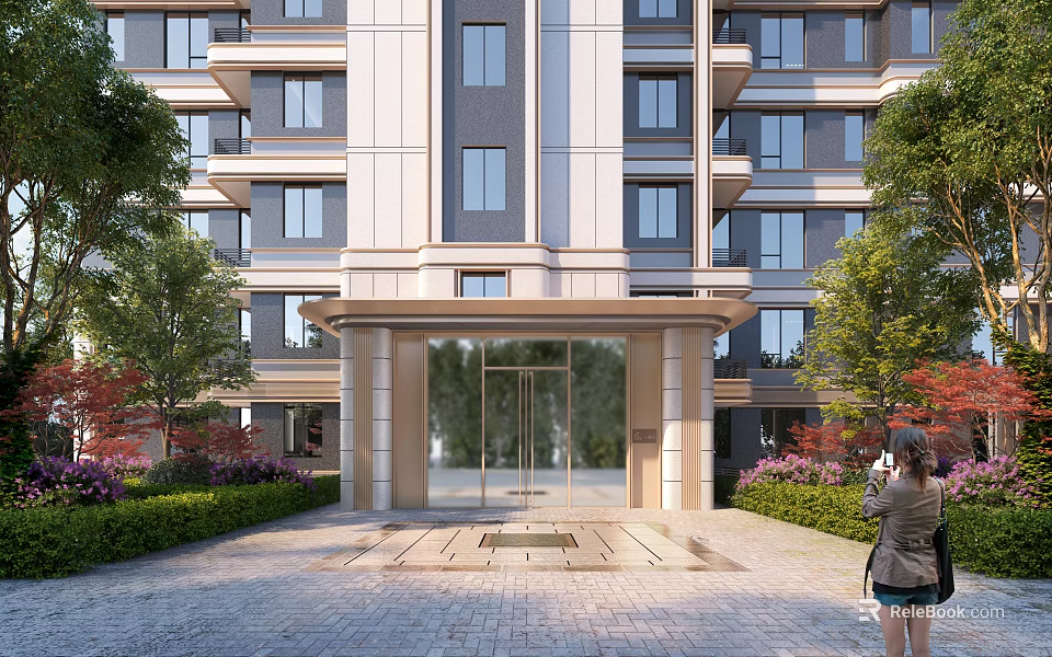 Modern Residential Building Entrance With Glass Door Green Trees And Stone Pathway 3d model 