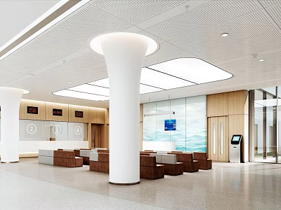 Bright Hospital Outpatient Clinic Waiting Area With White Columns Circular Ceiling Lights And Wooden Walls 3d model