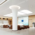 Bright Hospital Outpatient Clinic Waiting Area With White Columns Circular Ceiling Lights And Wooden Walls