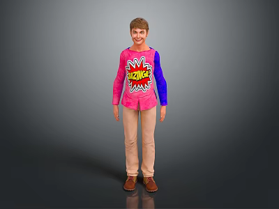 Child In Pink Top With Blue Sleeves ZAP Graphic Beige Pants Brown Shoes 3d model