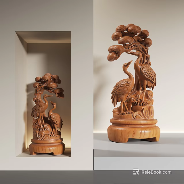 Artistic Wooden Sculpture Featuring Cranes And Pine Trees With Display Frame And Stand 3d model 