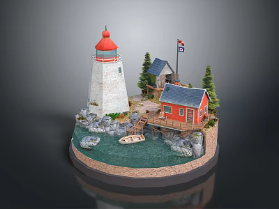 Scenic Lighthouse and Red Cabin Model with Trees Small Boat Rocks and Water Area 3d model