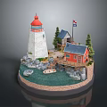 Scenic Lighthouse and Red Cabin Model with Trees Small Boat Rocks and Water Area