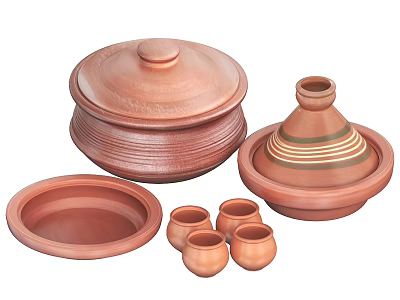 Terracotta Ceramic Tableware Set With Lidded Containers Shallow Plate And Small Cups 3d model