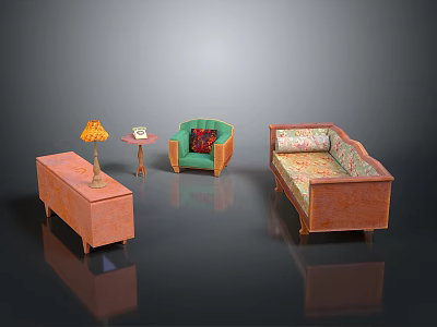Living Room Interior With Green Armchair Patterned Sofa Wooden Cabinet And Table Lamp 3d model