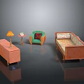 Living Room Interior With Green Armchair Patterned Sofa Wooden Cabinet And Table Lamp
