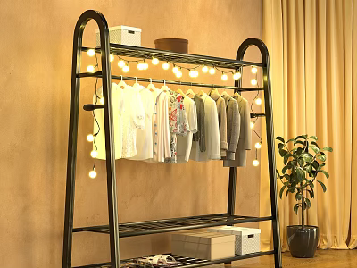Black Metal Clothing Rack With Fairy Lights And Clothes 3d model